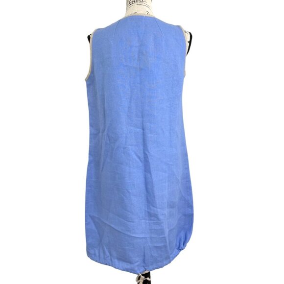 iLinen Sleeveless Linen Shift Dress Blue With Beige Trim & Pockets Size M - Picture 3 of 8